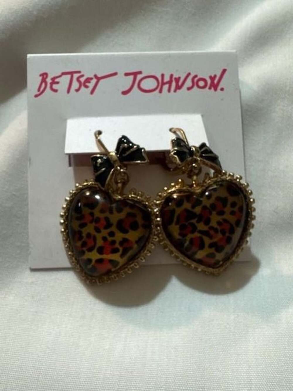 Betsey Johnson Gold-Tone Leopard Animal-Print Heart Drop Earrings